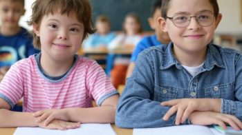 Deux enfants en classe dont l'un est trisomique.